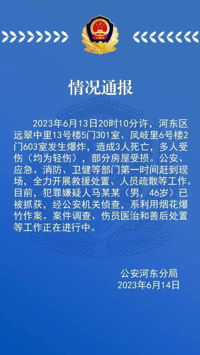 天津两处居民楼爆炸致3死嫌犯被抓