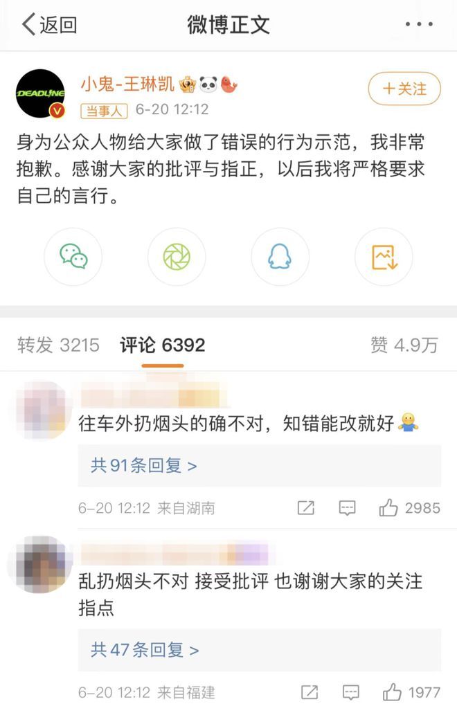 “小鬼”王琳凯被拍到乱扔烟头后道歉，这些明星也乱扔过烟头