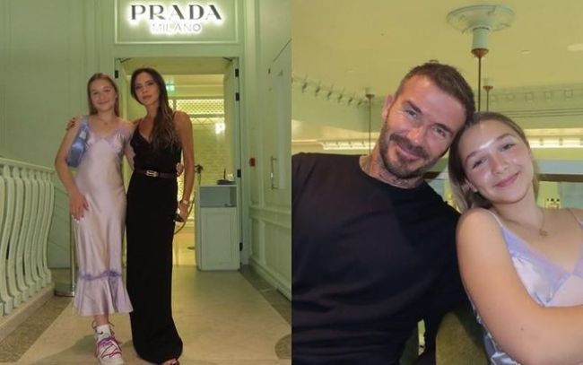 贝克汉姆夫妇为女儿庆12岁生日身穿紫色长裙身高直逼母亲