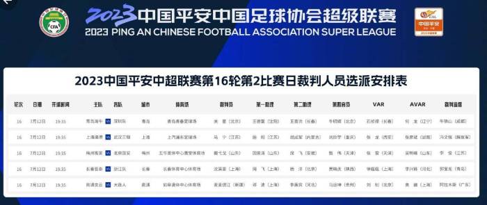 中超裁判名单马宁主哨海港踢三镇