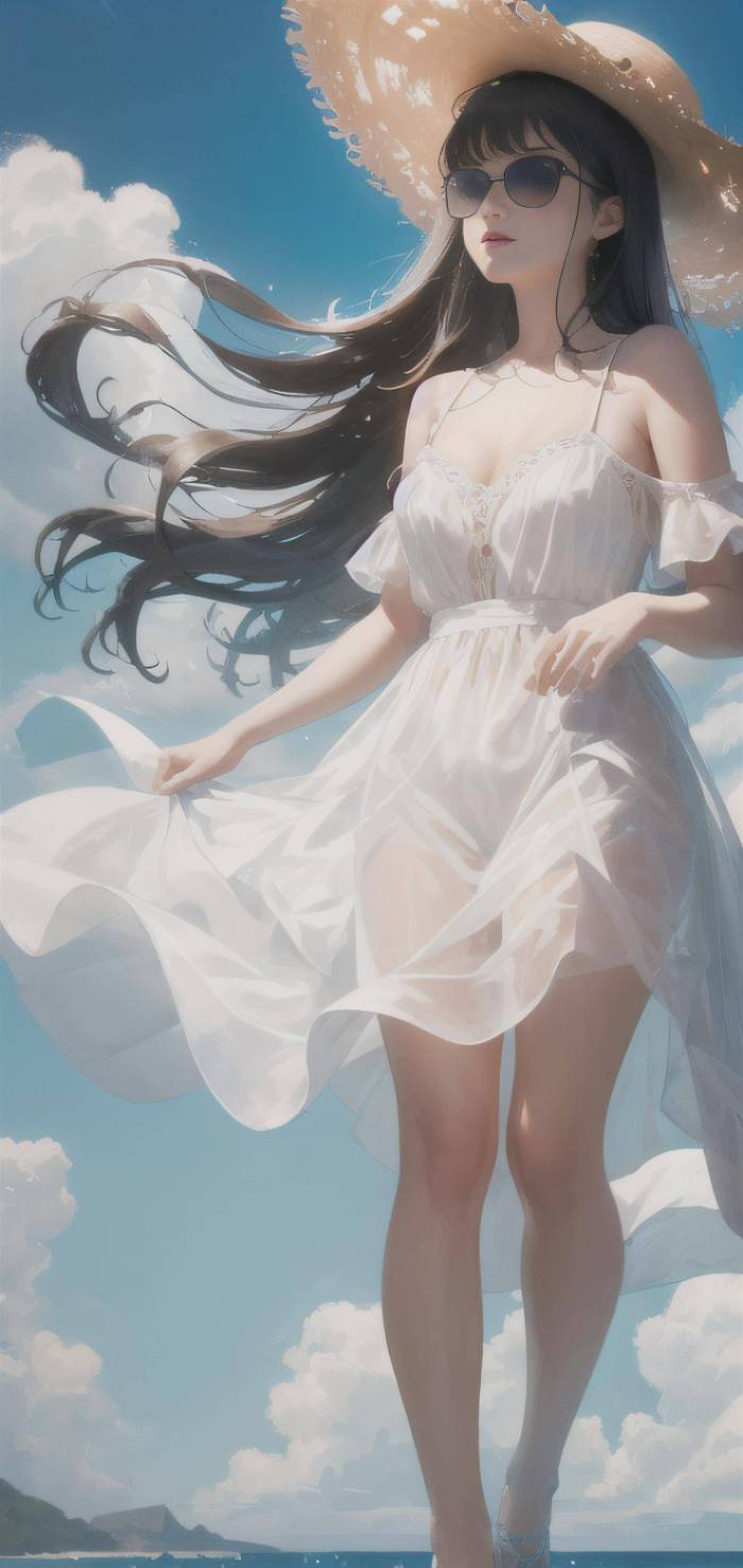 AI绘画：阳光女孩，穿上美丽的连衣裙在海边享受夏日的风，4k画质