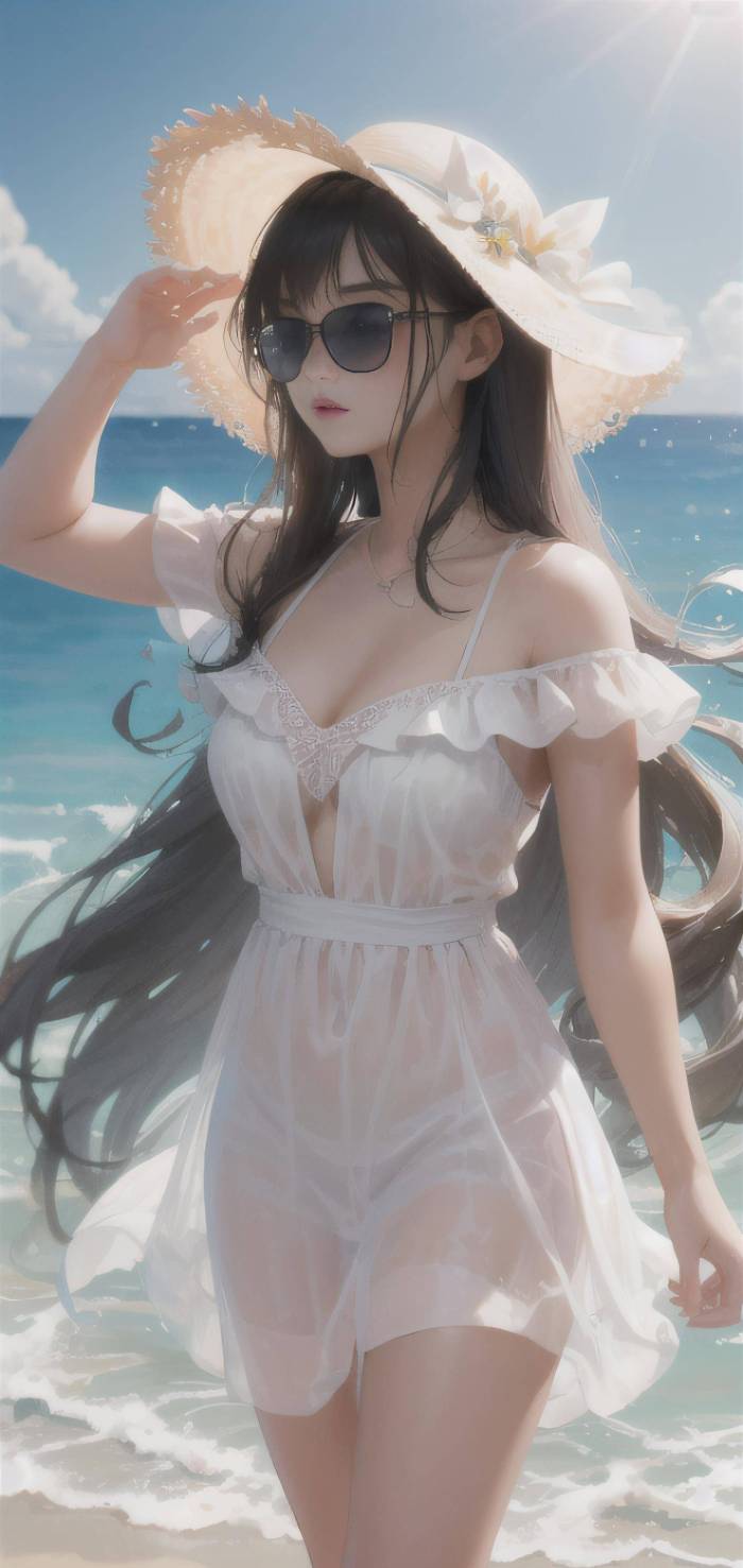 AI绘画：阳光女孩，穿上美丽的连衣裙在海边享受夏日的风，4k画质