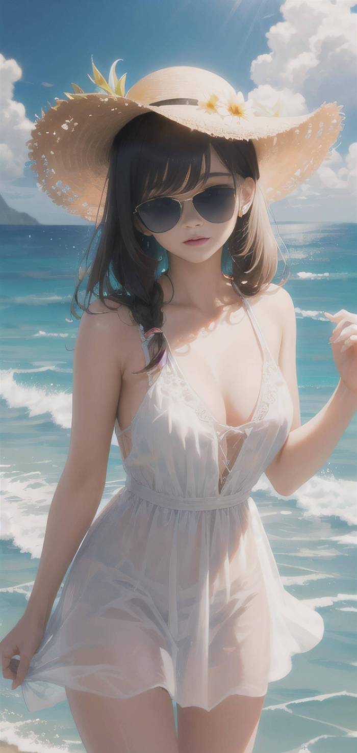 AI绘画：阳光女孩，穿上美丽的连衣裙在海边享受夏日的风，4k画质