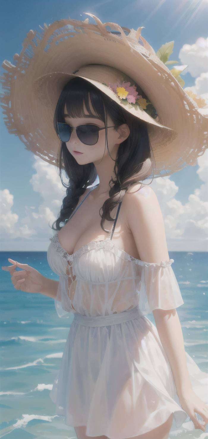 AI绘画：阳光女孩，穿上美丽的连衣裙在海边享受夏日的风，4k画质