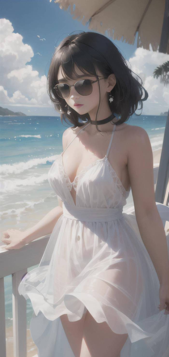 AI绘画：阳光女孩，穿上美丽的连衣裙在海边享受夏日的风，4k画质