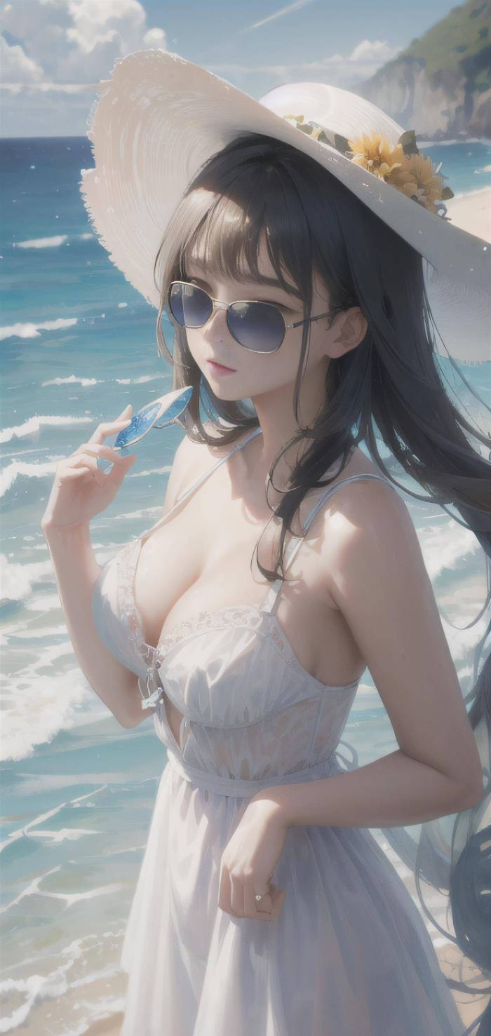 AI绘画：阳光女孩，穿上美丽的连衣裙在海边享受夏日的风，4k画质