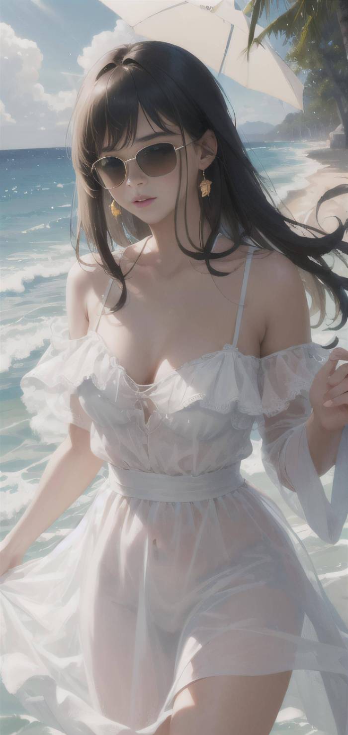 AI绘画：阳光女孩，穿上美丽的连衣裙在海边享受夏日的风，4k画质