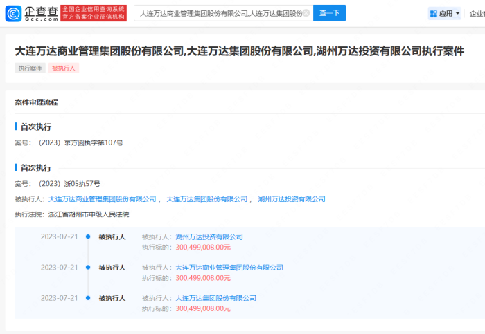 万达集团被强制执行3亿元

