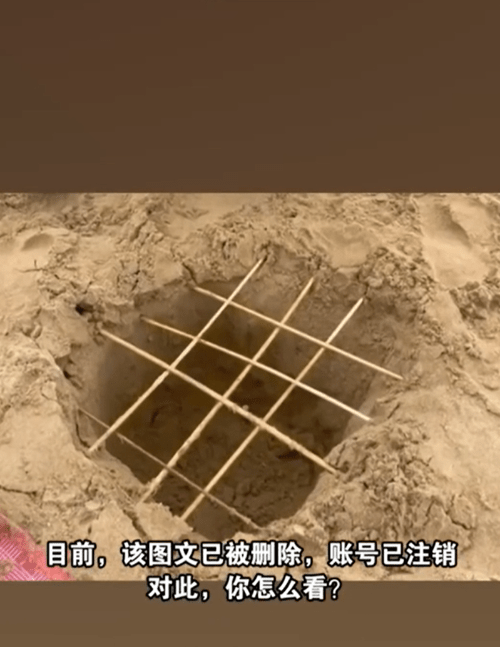 母亲炫耀孩子在沙滩上制作竹签陷阱