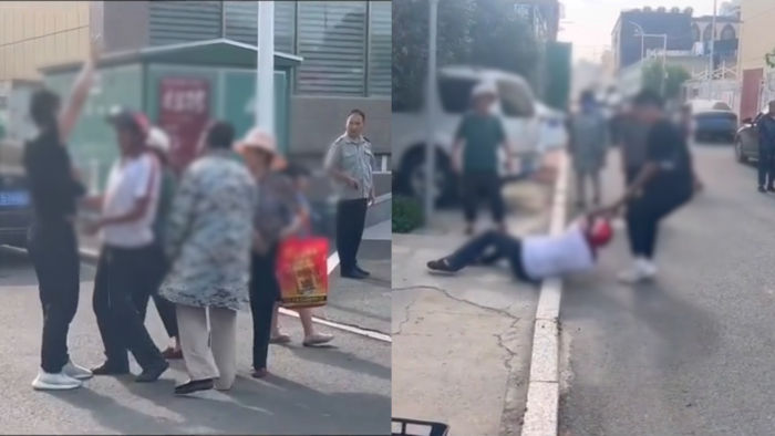 老人拦婚车要钱被强制抱离