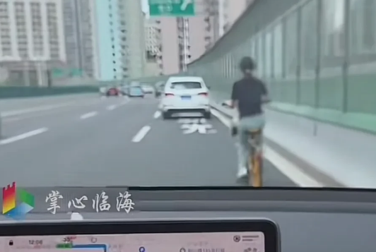 女子骑单车误上高架车主默默护送