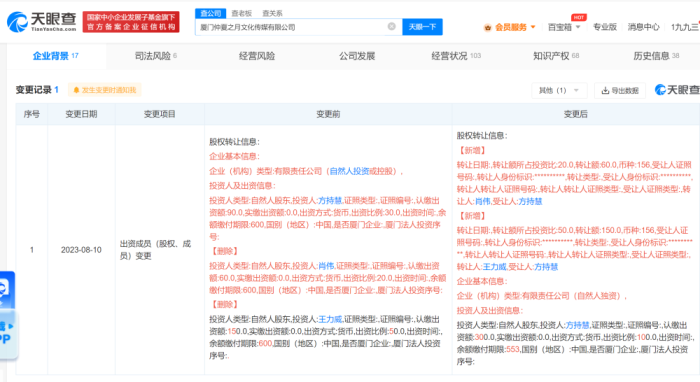经纪人王力威退出肖战工作室股东，公司由方持慧100%持股