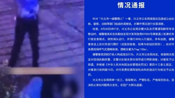 辅警当街狂踹酒驾司机警方通报