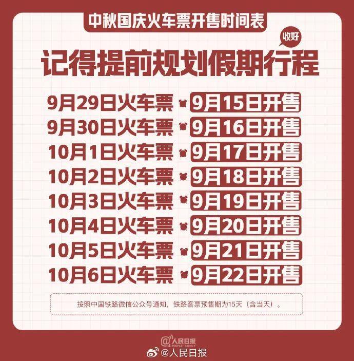 中秋国庆火车票开售时间表
