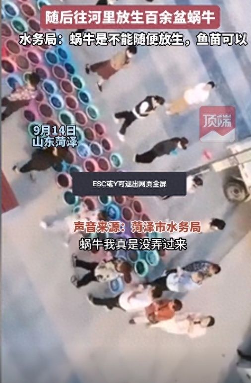多人在河边转圈念经放生百余盆蜗牛
