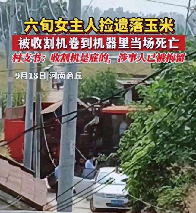农妇被卷入收割机身亡当事人被拘