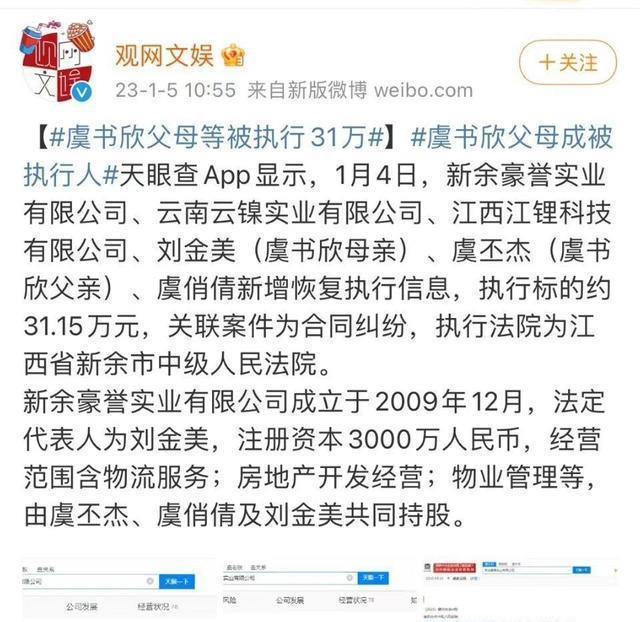 虞书欣父母公司被恢复执行