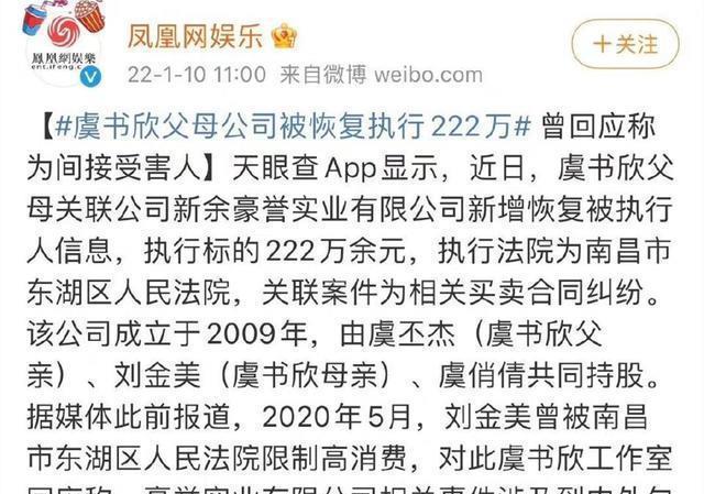 虞书欣父母公司被恢复执行