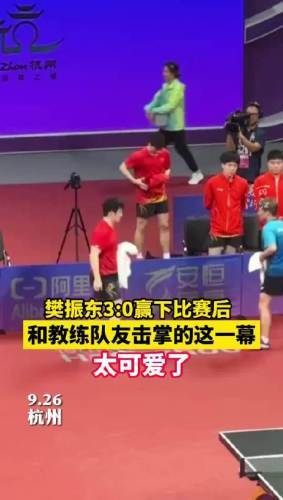 樊振东赛后和教练队友击掌太可爱