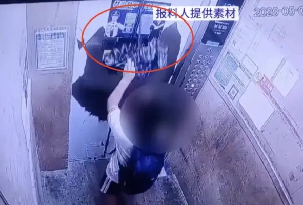 心惊！男孩用雨伞拦电梯被夹住被困